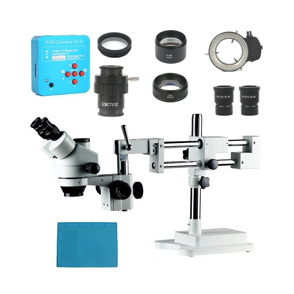 

3.5X 7X 45X 90X Double Boom Stand Zoom Simul Focal Trinocular Stereo Microscope+21MP Camera Microscope For Industrial PC