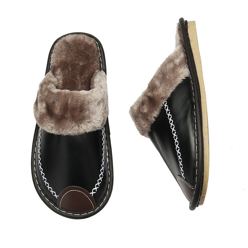 Men's Winter Slippers Leather Comfy Warm Shoes Anti-slip Indoor Flats