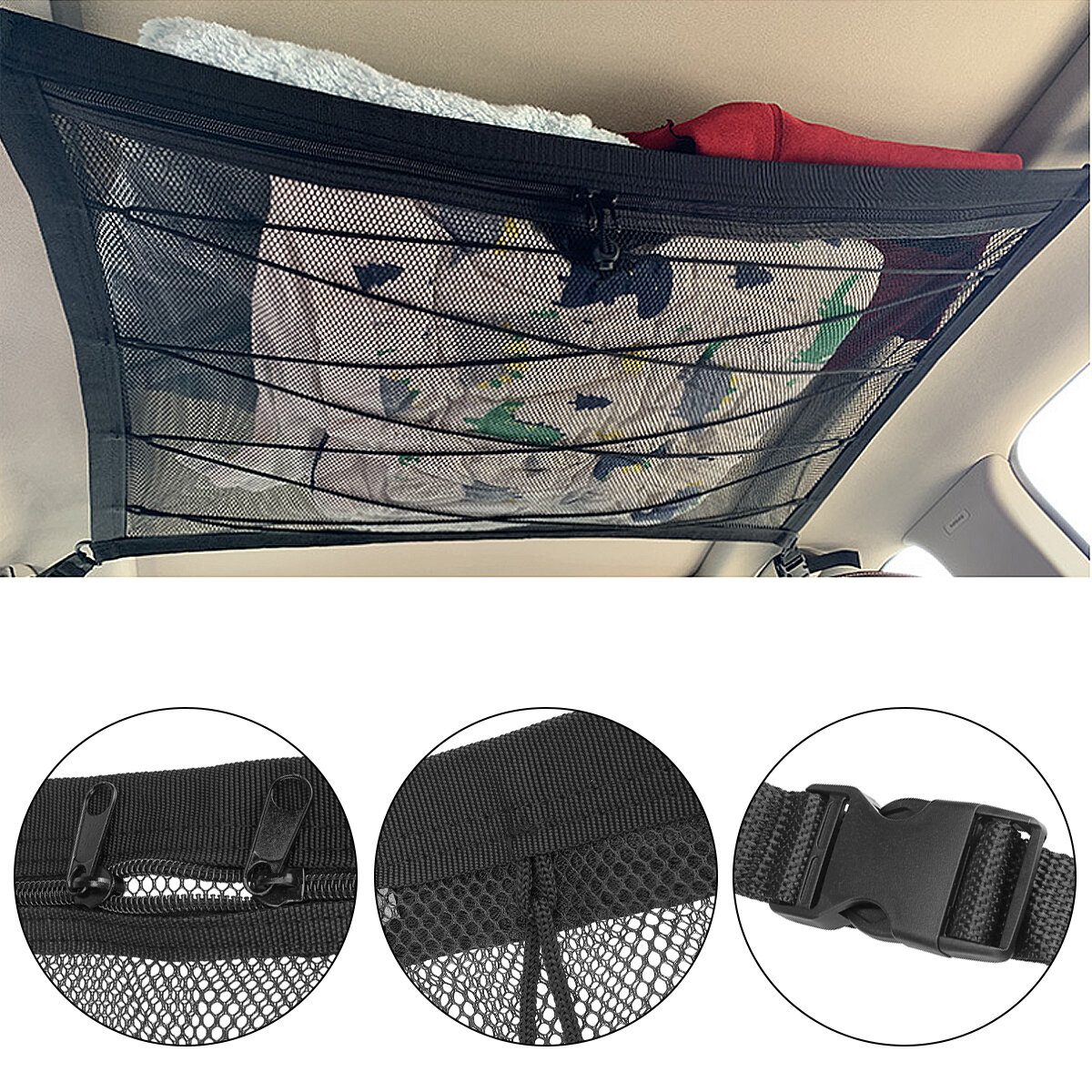 

90x65cm Double-Deck Foldable Car Roof Ceiling Cargo Net Mesh Storage Bag Pockets Pouch Universal For SUV Van