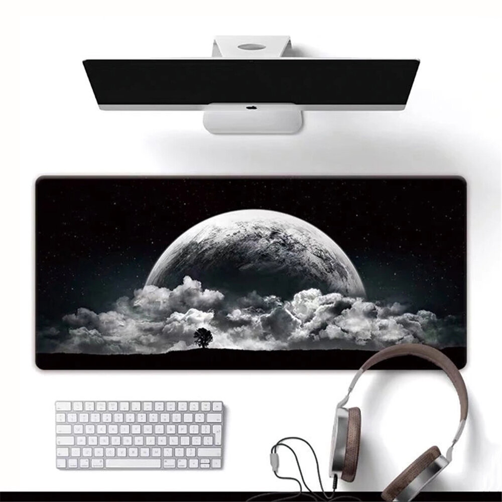 White Moon Stars Space Pattern Mouse Pad Black and White Gaming Computer Mouse Mat Lock Edge Design Keyboard Desk Mat