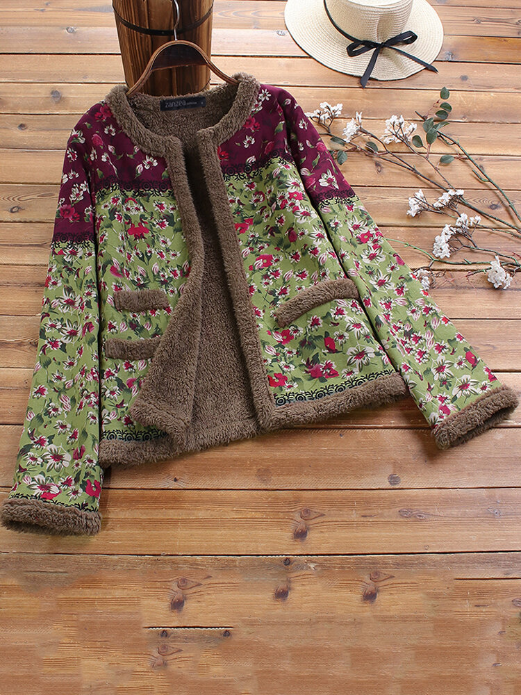 Vintage bloemenprint o-hals lange mouwen dikke jassen jas