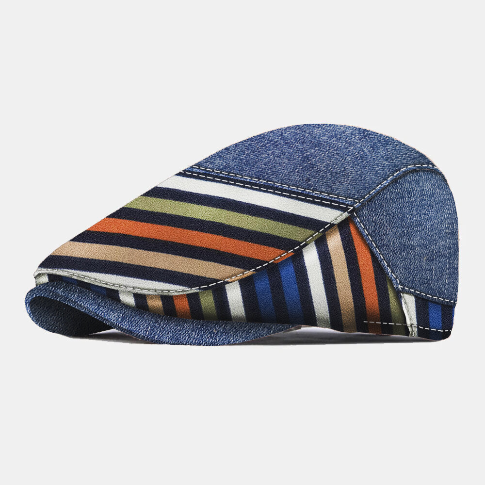 

Collrown Men Newsboy Cap Colorful Stripes Polyester Cotton Denim Patchwork Adjustable Outdoor Sunshade Forward Hat Beret