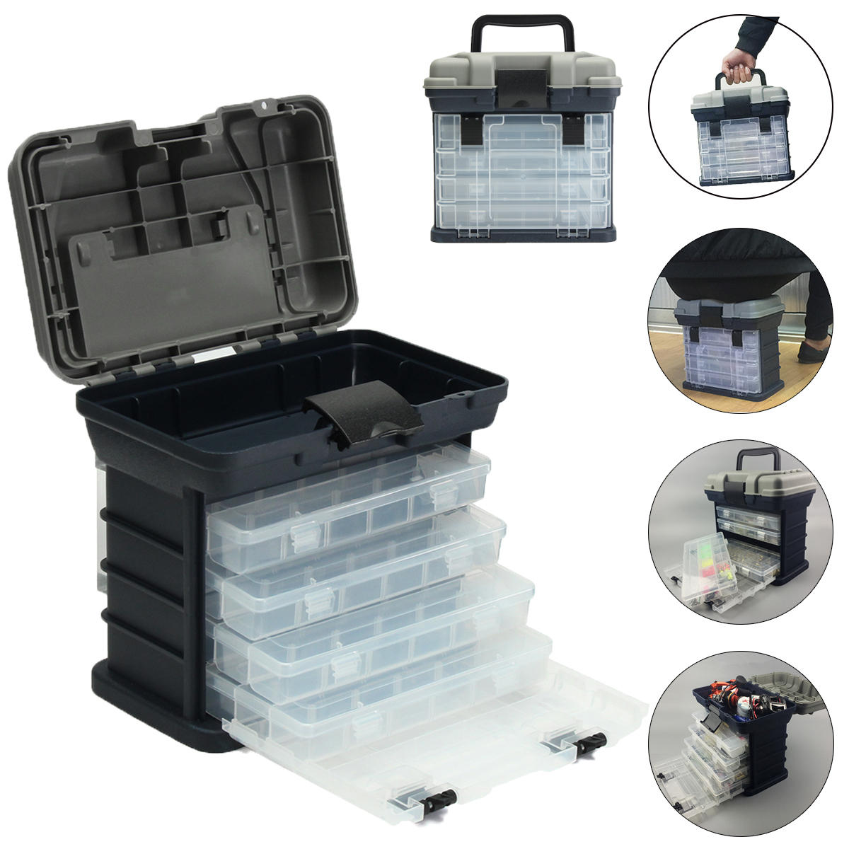 ZANLURE 4- layer Fishing Tackle Box Lures Storage Tray Bait Case Tool Organizer Bulk Drawer