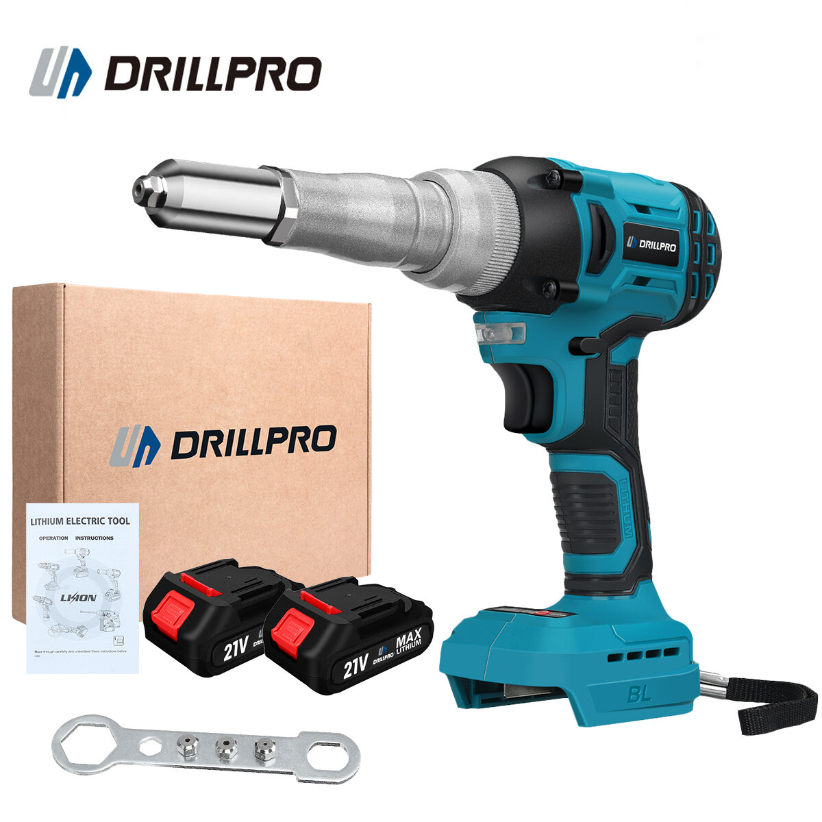 

Drillpro 720W Brushless Electric Rivet Gun High Power Cordless Tool with 2000RPM Speed 588N.M Torque Suitable for 2.4~5.