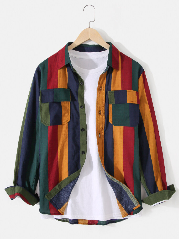 Mens Classic Colorful Stripe Print Double Pocket Long Sleeve Design Shirts