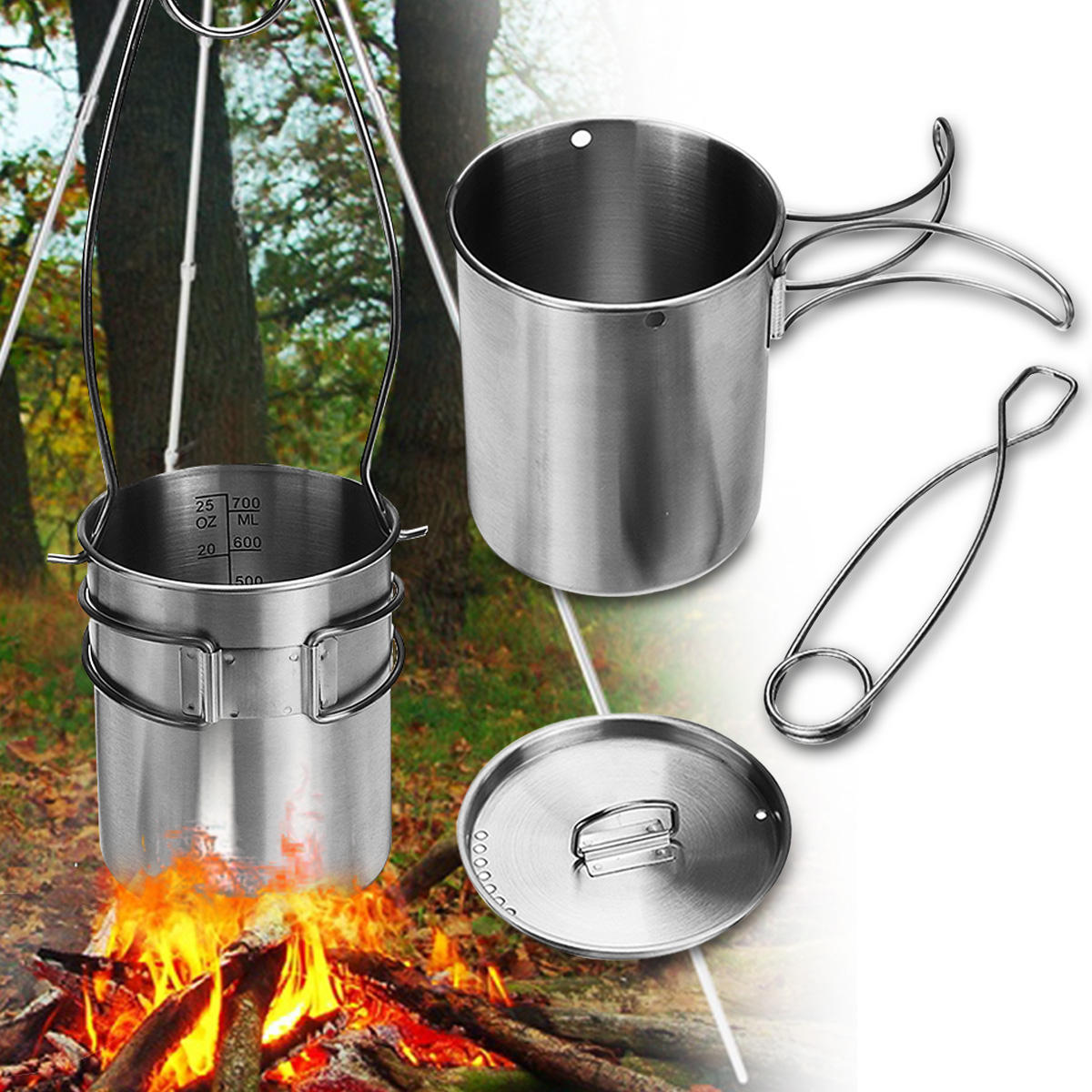 750ml draagbare outdoor camping water beker water mok picknick eten pot met opvouwbare hendel handvat