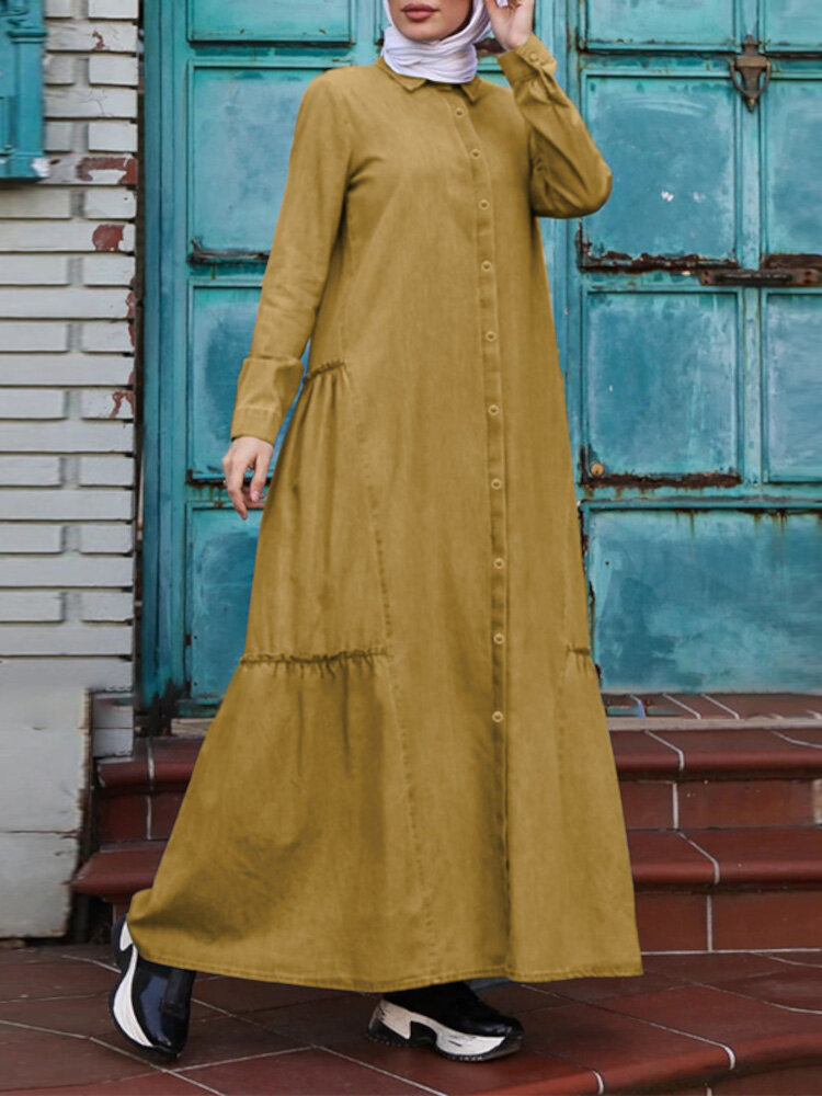Effen kleur retro button-up revers lange mouw casual moslim jurk abaya kaftan voor vrouwen