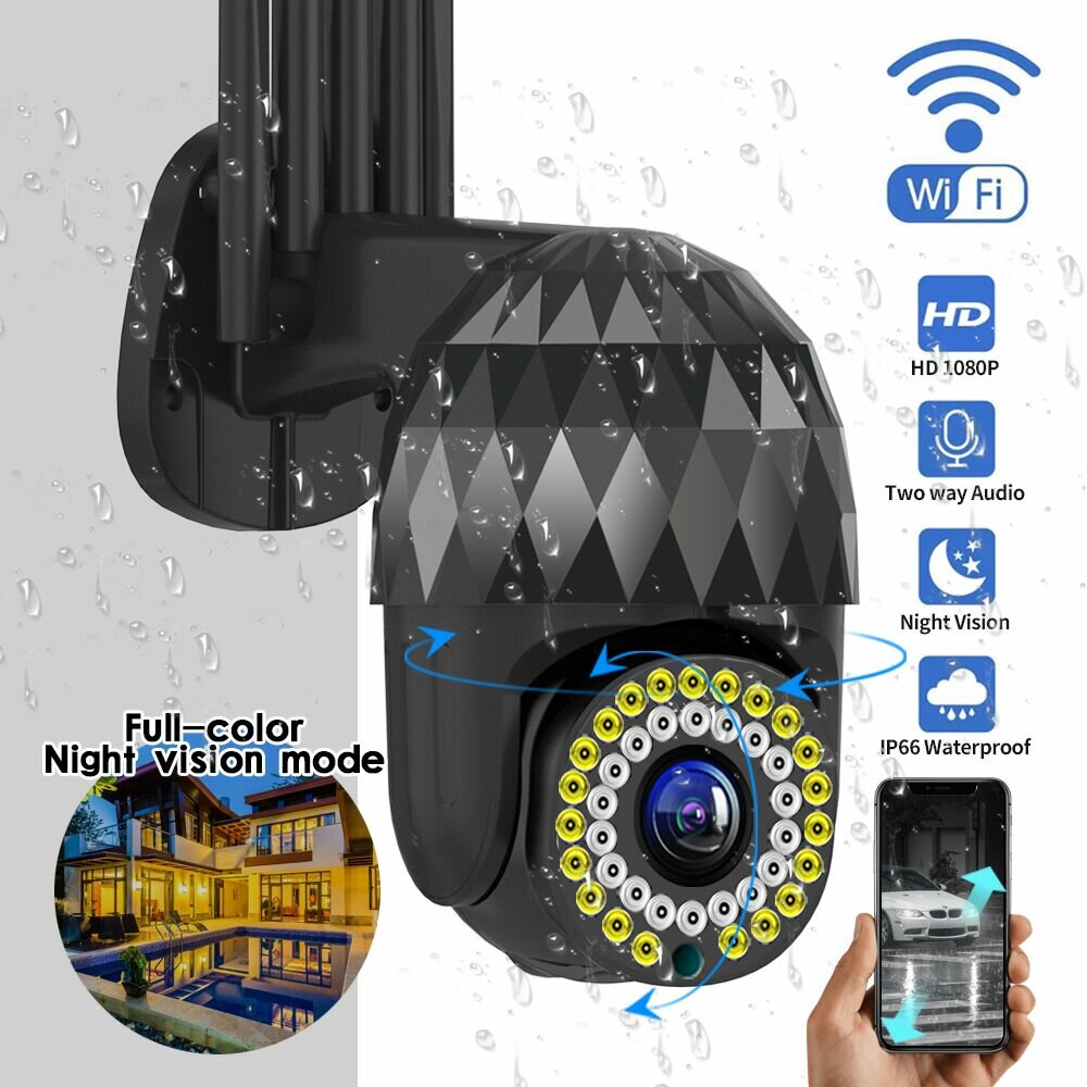 Guudgo 1080P 39 LED 5 XZOOM Outdoor PTZ IP Black Camera Two Way Audio Wifi Camera Auto Waterproof Night Vision CCTV Vide