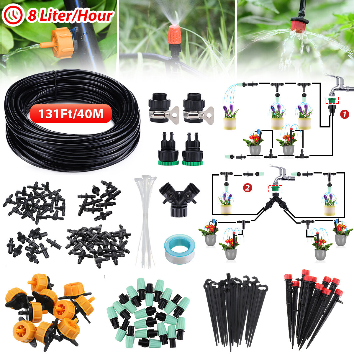 CAVEEN 131Ft/40M Automatic Drip Irrigation DIY Garden Plant Watering Kit Micro Drip Irrigation System Hose Kits