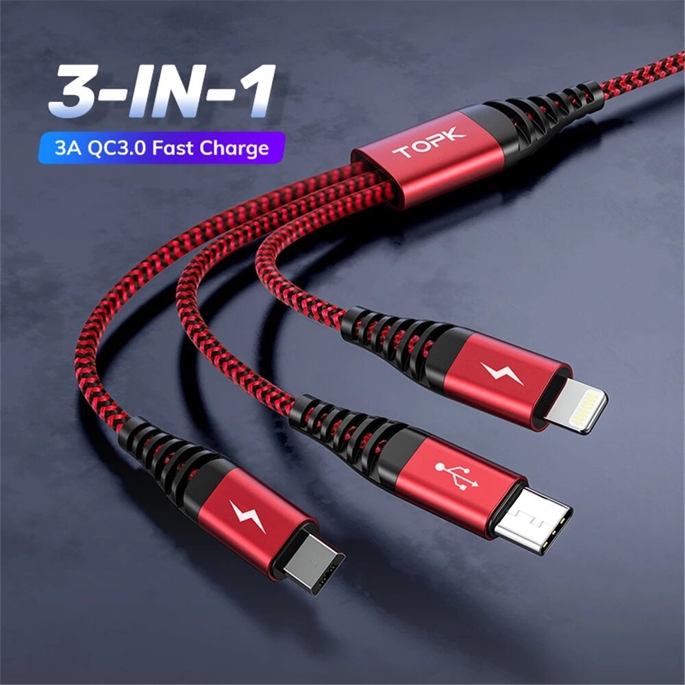 [4Pcs Red] TOPK AN24 3-in-1 Data Cable Fast Charging Data Transmission Cord Line 1.2m long For iPhone 12 XS 11Pro for Sa