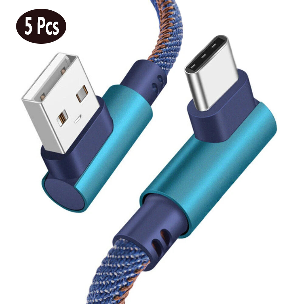 

[5Pcs Blue] Bakeey 2.4A USB to USB-C Cable Denim Braided Elbow Fast Charging Data Transmission Cord Line 2m long For Sam