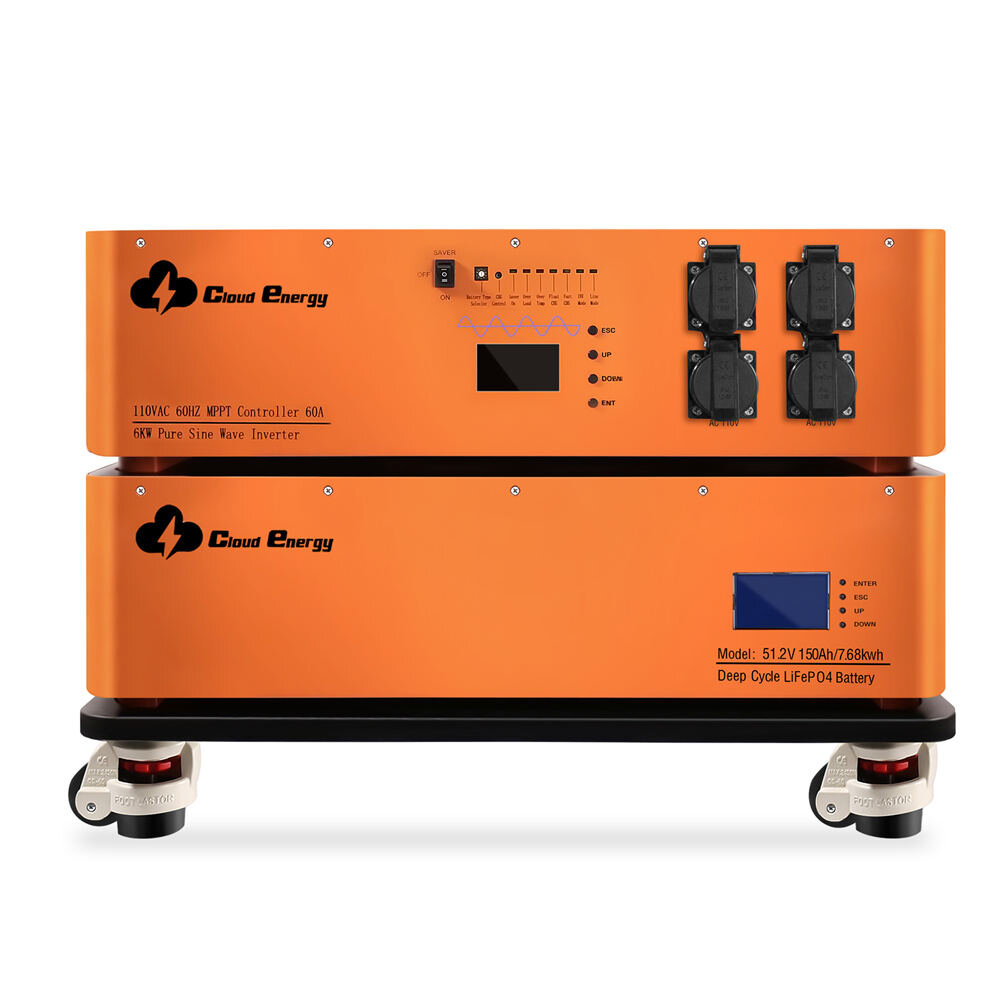 [US Direct] Cloudenergy 48V 150 Ah 7.68 Kwh Nastackowalna Bateria LiFePO4 z 6 kW Inwerterem 60A MTTP Długość Życia 10 Lat Idealna do Monitoringu RV, Solar, Magazynowania Energii, Podróży Terenowych, Systemów Off-Grid (Bateria 7.68 KWh + Inwerter) CL48-S1