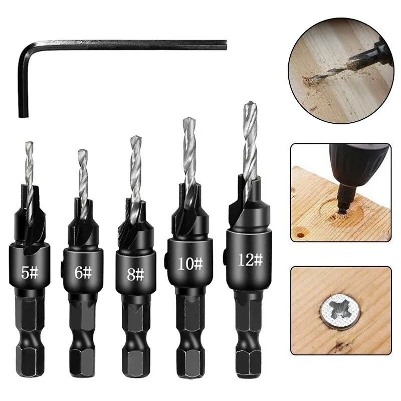 

5PCS Countersink Drill Bit Set +1PC Wrench Wood Tools Carpentry Woodworking Drill Bit Pilot Holes Hex Shank Screw Size #