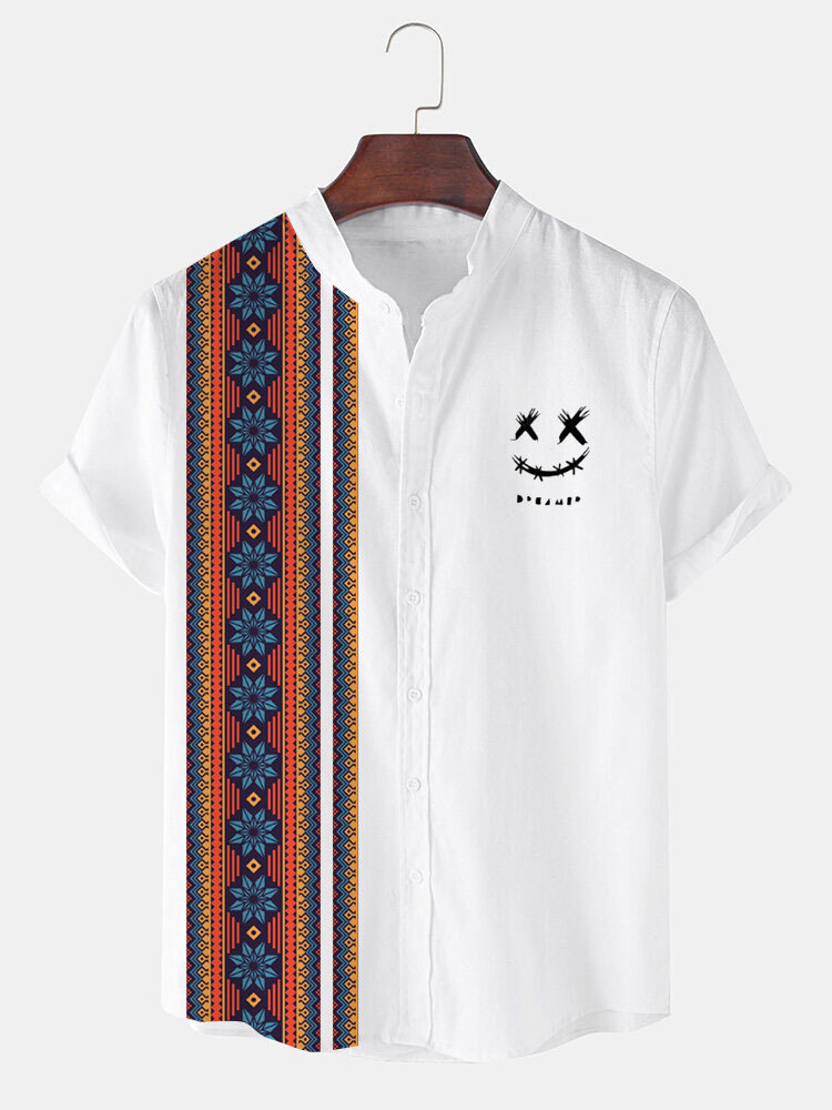

Mens Ethnic Floral Geometric Smile Print Patchwork Short Sleeve Shirts
