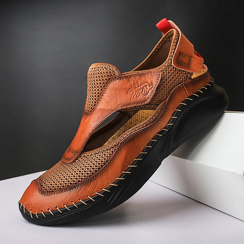 Men Genuine Leather Mesh Lightweight Hollow Out Stitching Casual Shoes