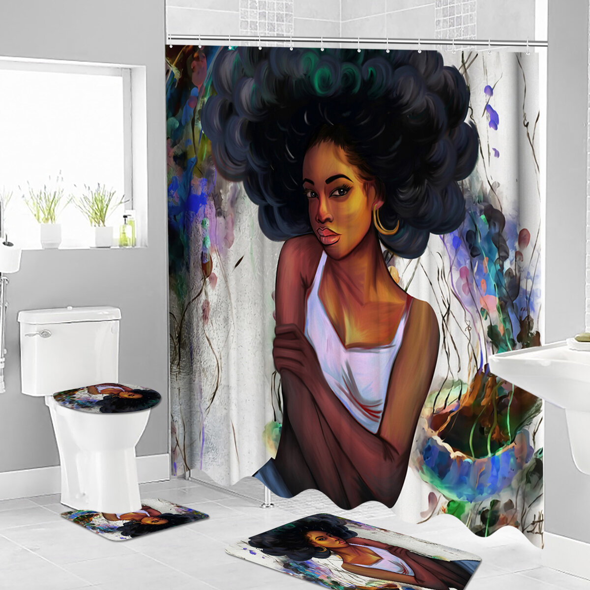 African Girl Shower Curtain Fabric Bathroom Curtains Set Non-slip Bath Mat Toilet Pad Carpet for Bathroom Decor