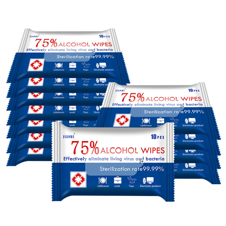 ADET 10 Sayfa/Paket 75% Alkol Mendil Taşınabilir El Havlusu Pamuklu Çubuklar Dezenfeksiyon Temizleme Islak Mendiller Açık Hava Temizliği Sterilizasyon Mendilleri Kağıt