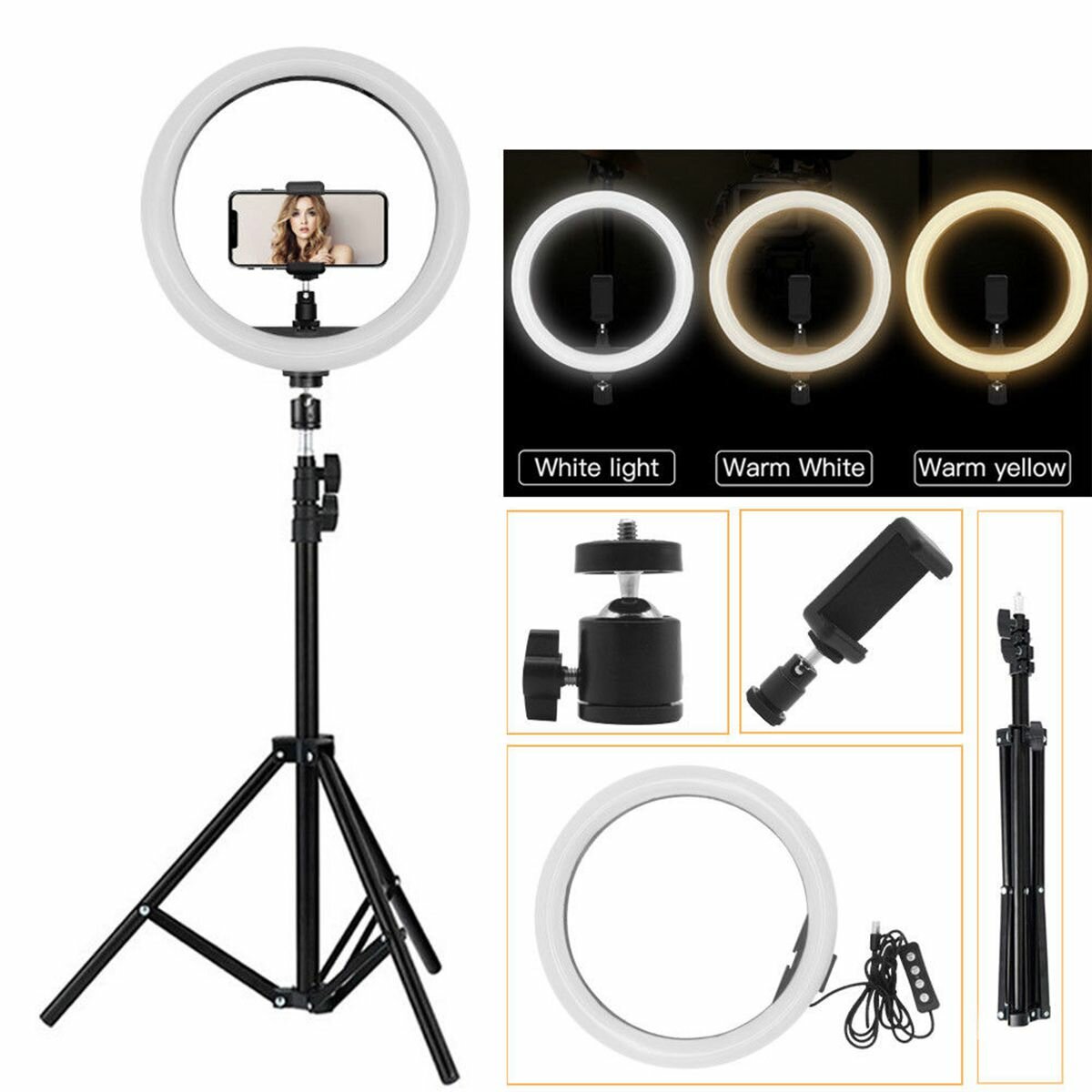 VANYUST 10 Ring RGB Light with 63 Extendable Tripod Stand & Phone Holder 25 Color Modes and 7 Brightness USB Powered Selfie Vlog，TIK TOK，Live，Makeup Phone Holder for YouTube Video 