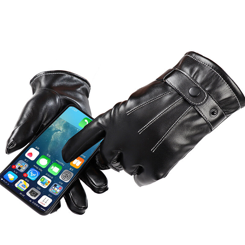 Touch screen gloves full finger winter warm thicken cotton windproof pu leather waterproof black