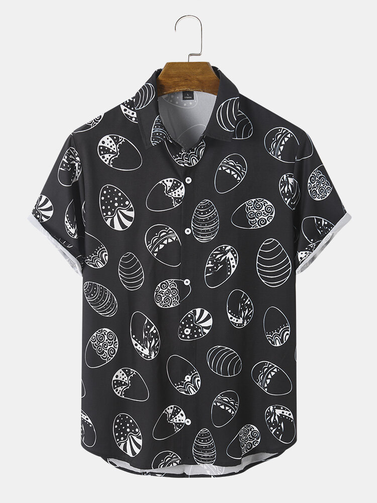 Men Allover Easter Eggs Graphic Button Designed Curved Hem Leisure Short Sleeve Shirts