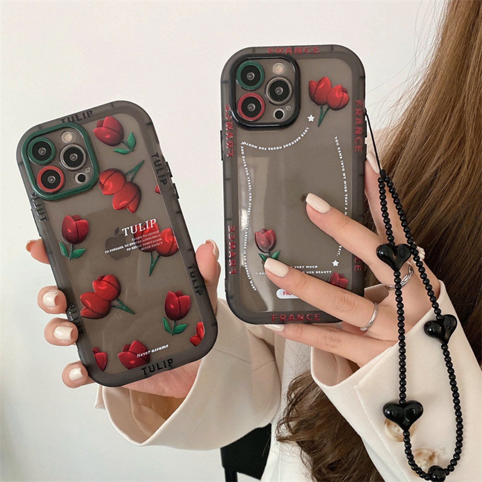 Jassy Women's Red Tulip Flowers Phone Case Suitable For iPhone13Promax Apple 12 Mobile Phone Shell 11 Chain xr Through B