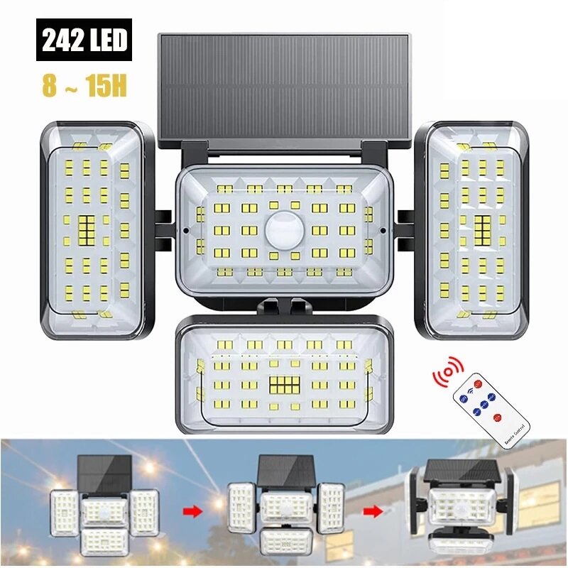 4 Head 242 LED Solar Wandlamp Bewegingssensor 270? Groothoek met Afstandsbediening LED Flood Light O