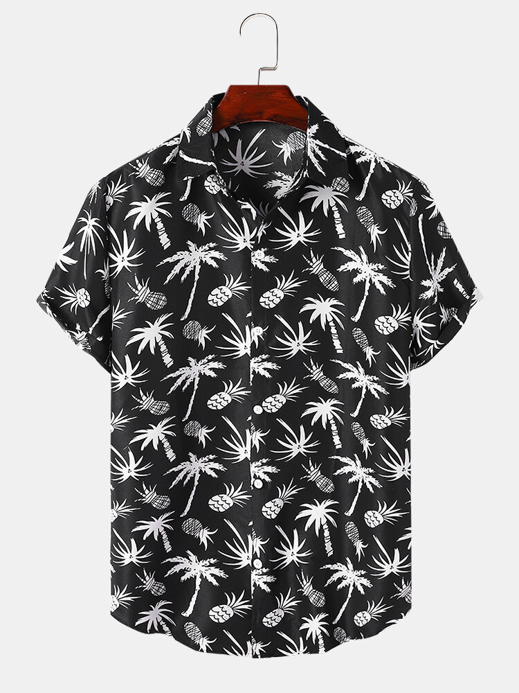 Men Coconut Tree & Fruit Print Holiday Style Short Sleeve Casual Comfy Shirts