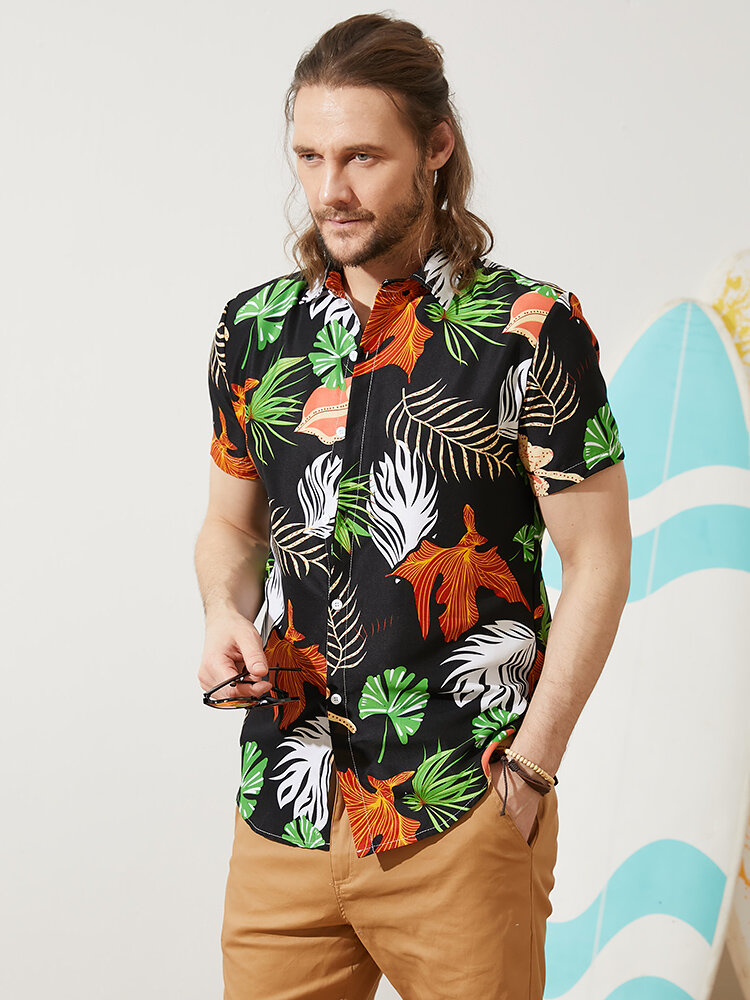 Heren Vintage Tropical Leaf Multi Color Alle Matched Casual Shirts met Korte Mouwen