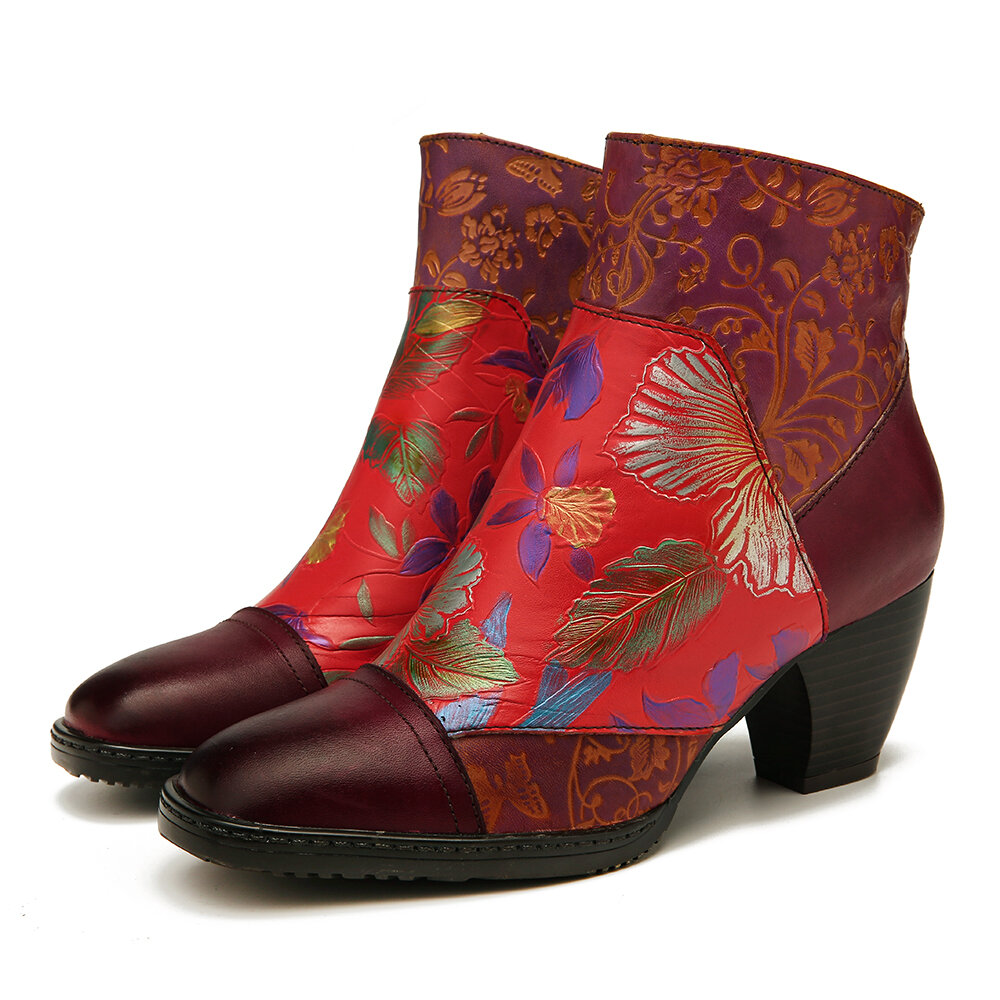 

SOCOFY Retro Colorful Printed Flowers Pattern Embossed Stitching Comfortable Zipper High Heel Boots