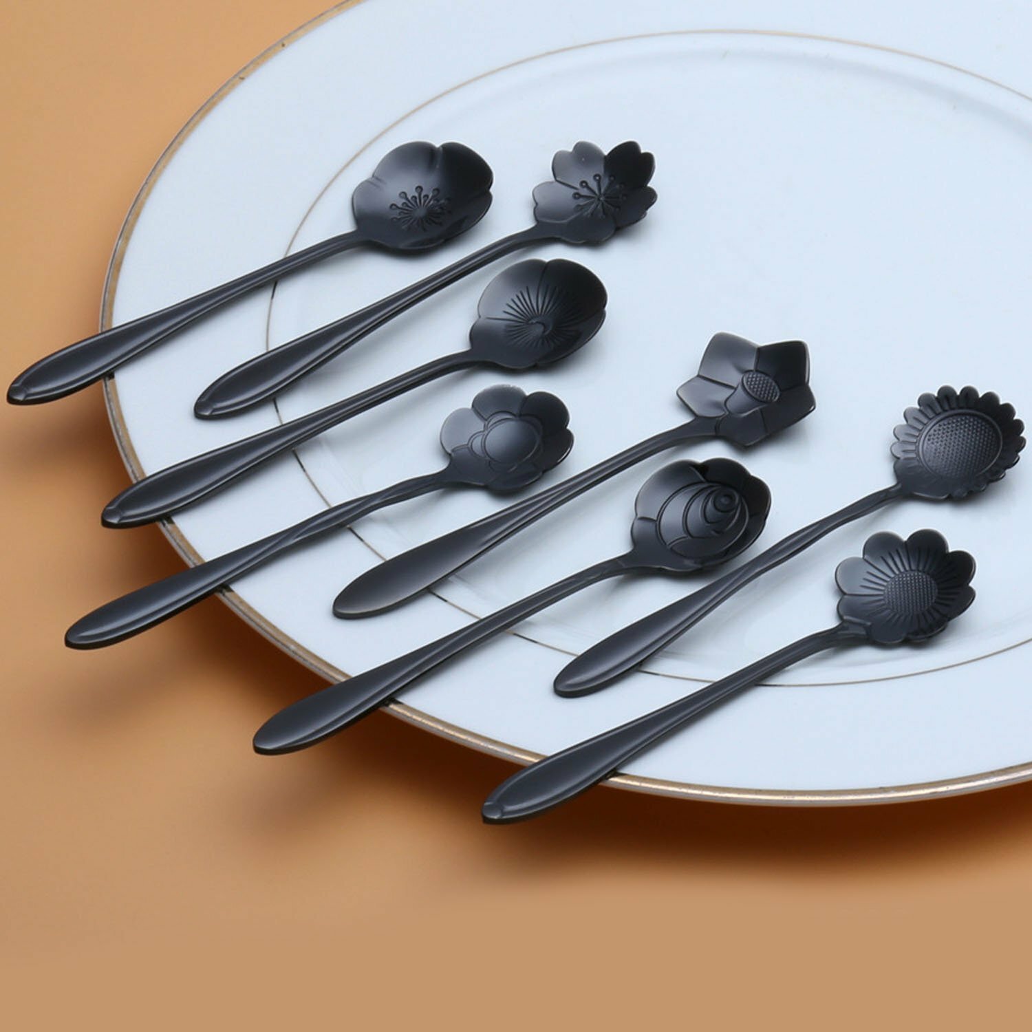 

KC-FS01 Black Stainless Steel Flower Shape Coffee Sugar Spoon Tea Spoon Ice Cream Tableware