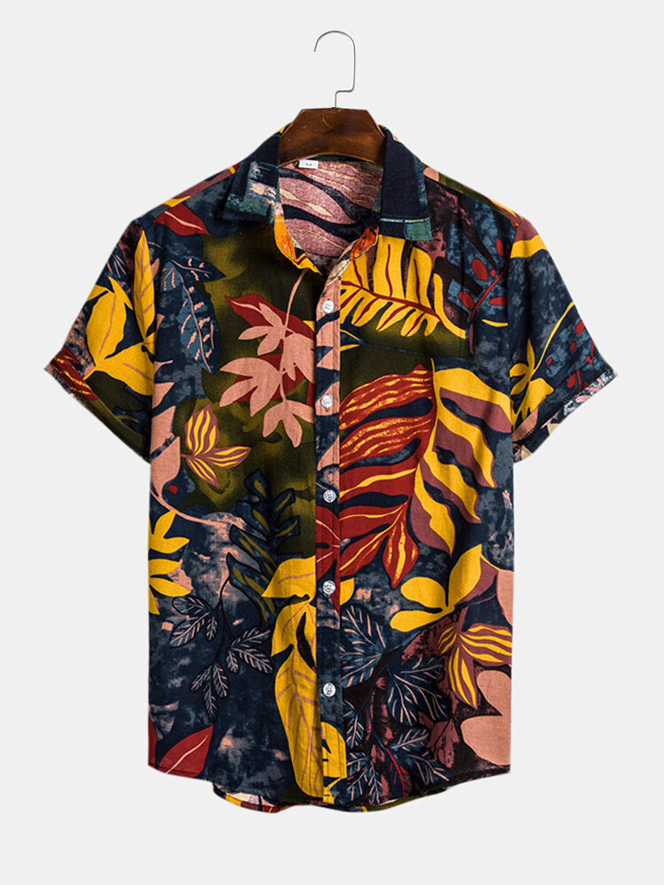 Mens Cotton Tropical Leaves Print Breathable Vacation Casual Shirts
