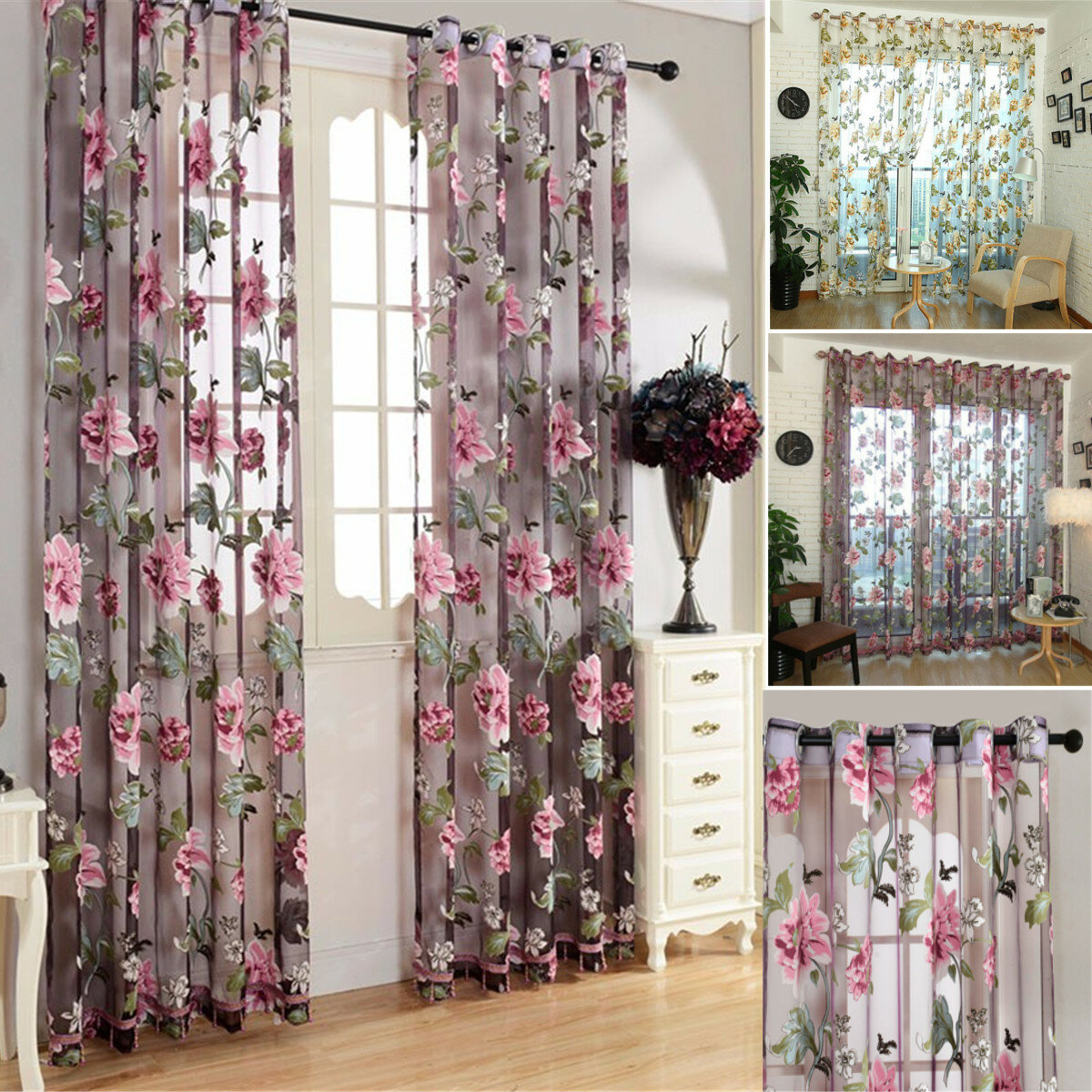 Honana Modern Sheer Curtains for Living Room Floral Tulle Window Treatments Bedroom Flower Panel Drapes for Girl Room  - buy with discount