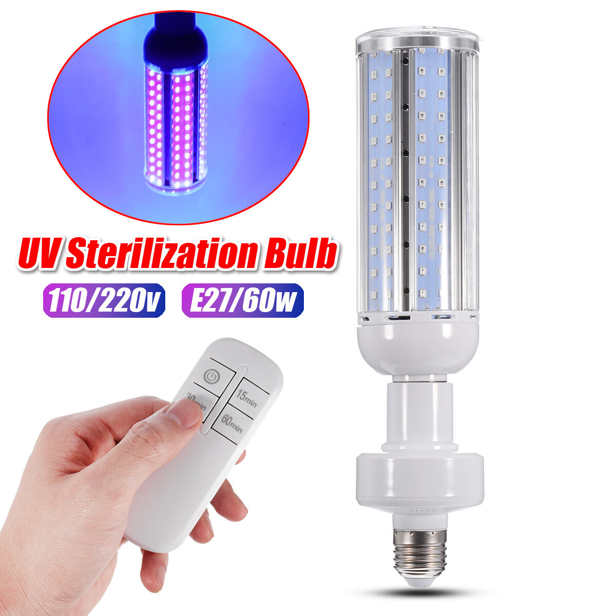 60W UV Kiemdodende lamp E27 LED-lamp Afstandsbediening Sterilisatie Desinfectie Wit 85 tot 265V
