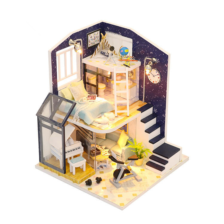 Hoomeda M041 DIY poppenhuis Shining Star met deksel Miniatuur meubileren muziek licht geschenk Decor