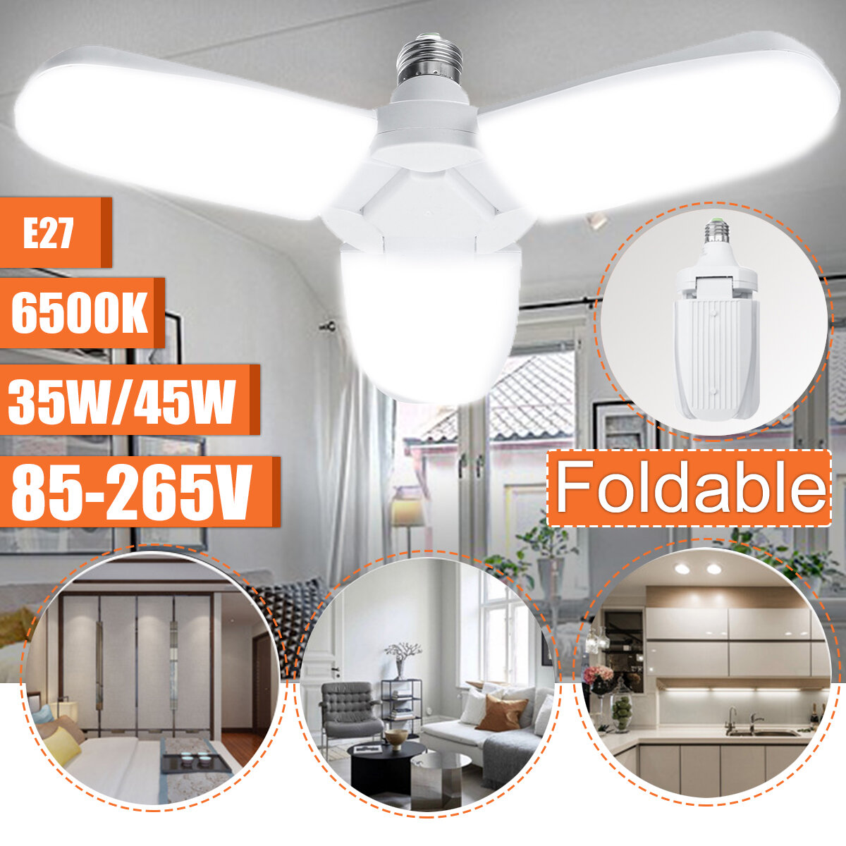 

AC85-265V 35W/45W E27 Deformable LED Garage Light Foldable Fan Three-Blade Ceiling Workshop Lamp Bulb