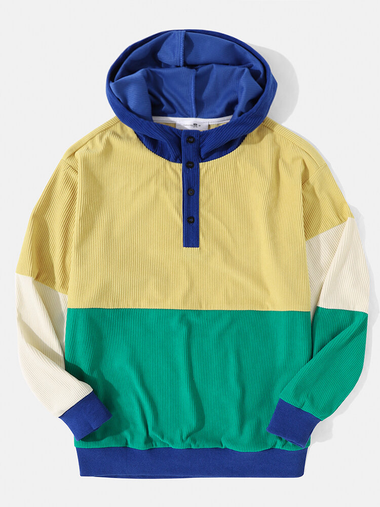 

Men Corduroy Klein Blue Patchwork Colorblock Casual Hooded Sweatshirt