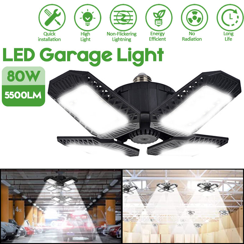 E27/E26 80W LED Garage Light Bulb Deformable Ceiling Fixture Shop Workshop Lamp