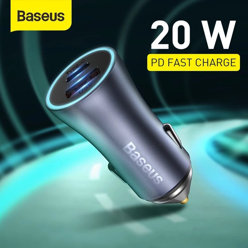 

Baseus 40W Car Charger USB-C PD 20W+USB QC3.0 20W Dual Fast Charging For iPhone 12 12Pro Max OnePlus 8Pro 8T