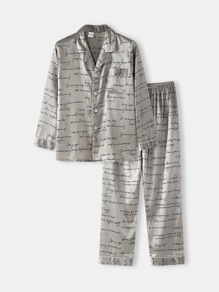 

Mens Allover Slogan Print Flap Pocket Faux Silk Home Long Sleeve Lounge Pajama