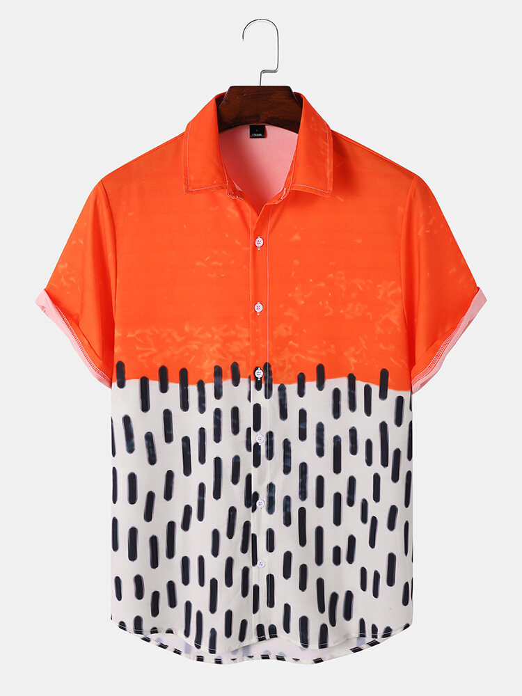 Men Geometric Spliced Breathable All Matched Skin Friendly Leisure Short Sleeve Shirts