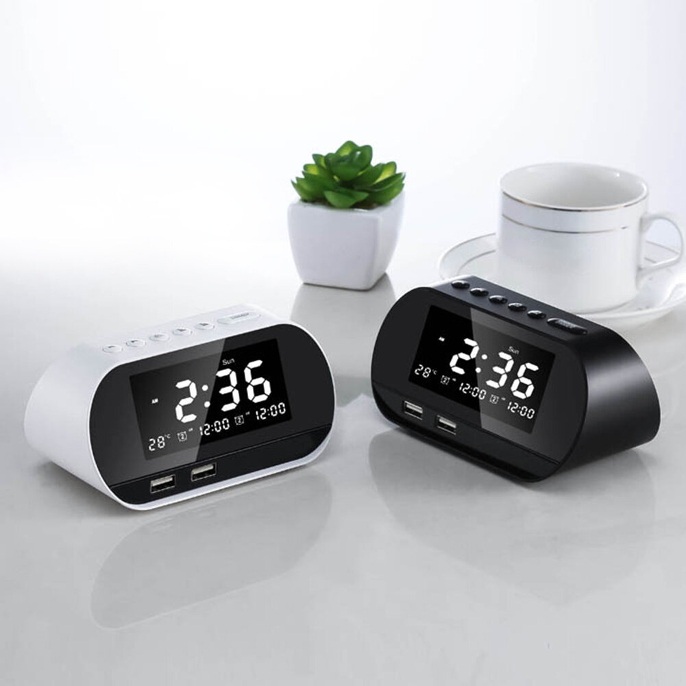 

Dual Home FM 2 Puertos USB Phone Charger Raido Multifunctional Alarm Clock All-In-One Design With Wireless Speaker Offic