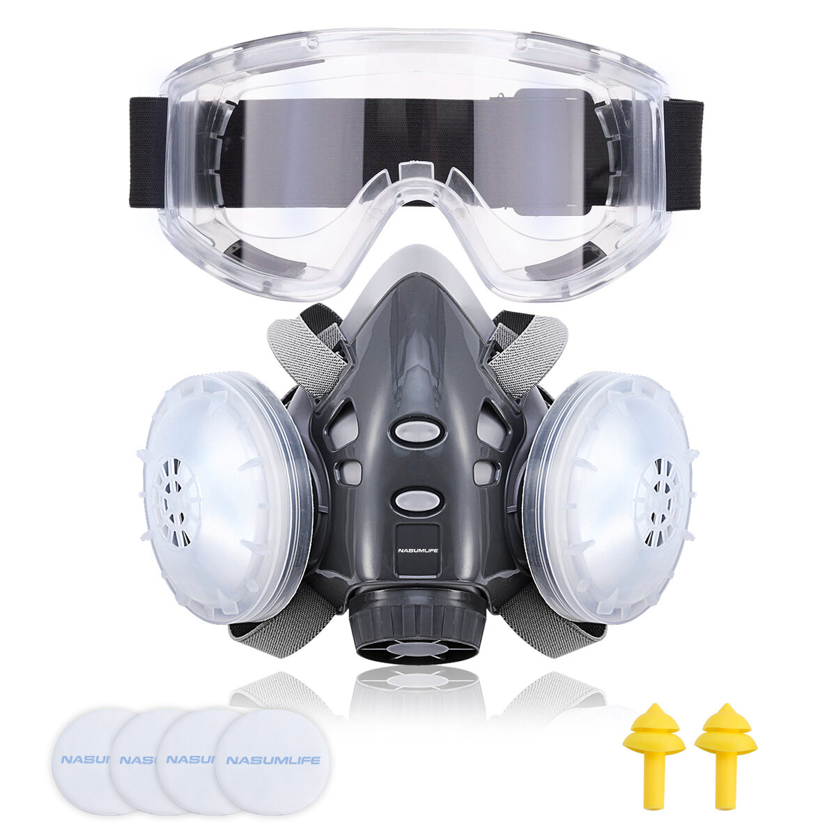 NASUM 308 Ademhalingsmasker Gezichtsmasker Herbruikbare Bril Goggle met Oordoppen Filters voor Stofb
