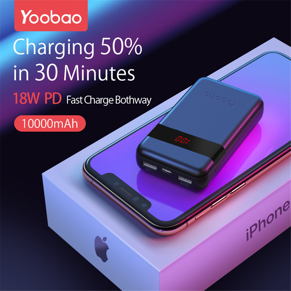 

YOOBAO PD10 10000mAh Power Bank Dual USB Output PD 18W Input/Output LED Display Fast Charging For iPhone XS 11Pro MI10 N