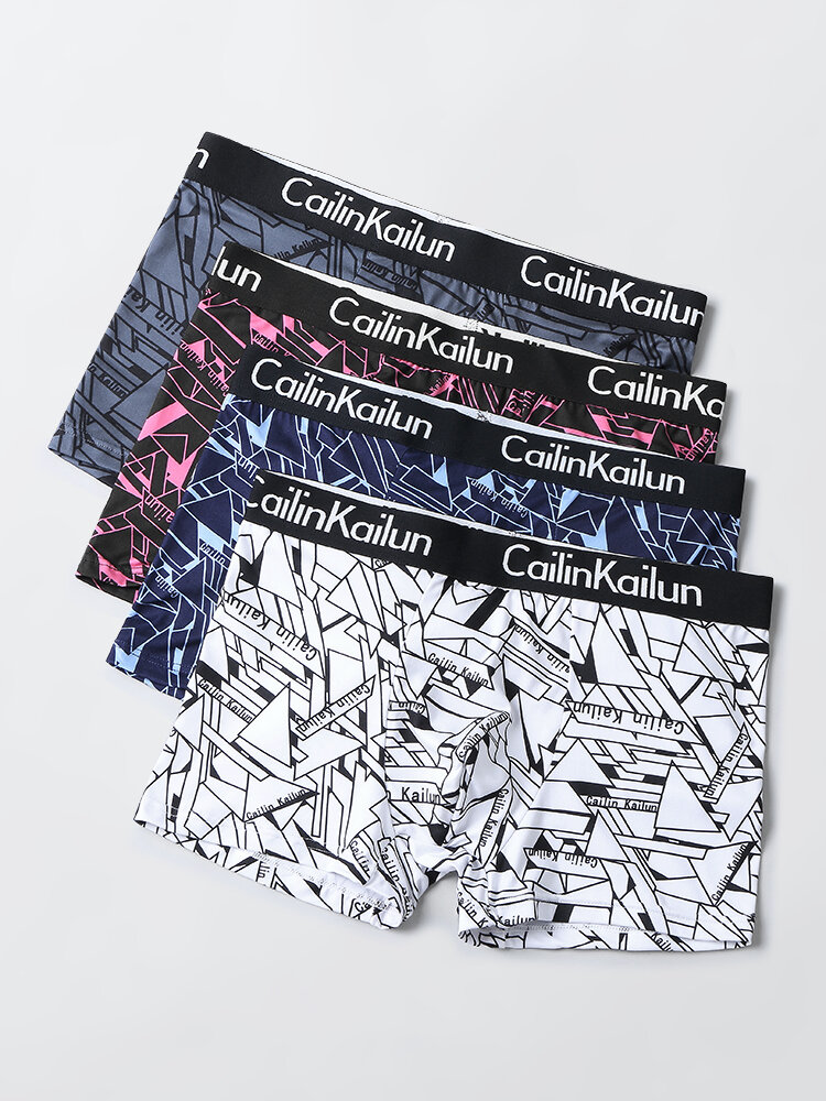 

4 Pcs Mens Geometric Print Antibacterial Cozy Logo Waistband Boxers With Pouch
