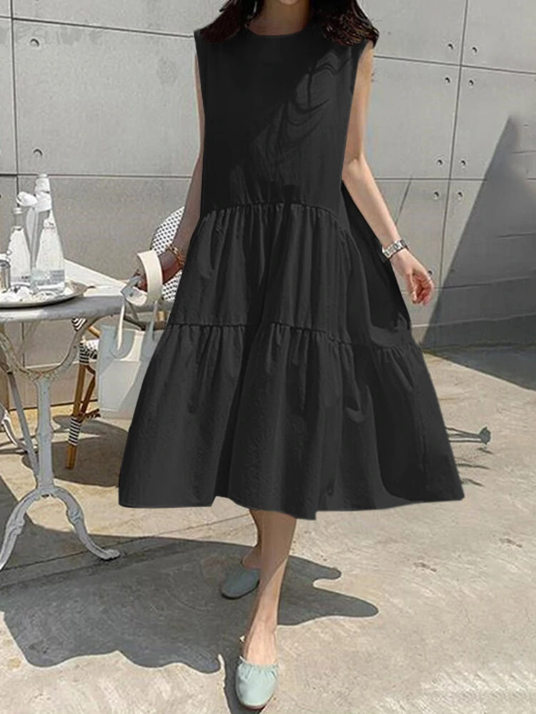 Sleeveless solid pleating streetwear party dress