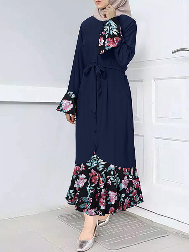Dames bloemenprint patchwork zeemeermin zoom lange mouw Lace-up maxi-jurk