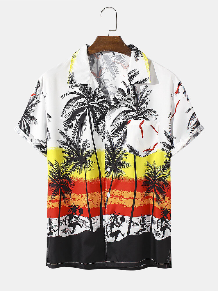 

Mens Color Contrast Coconut Tree Print Revere Collar Short Sleeve Shirt