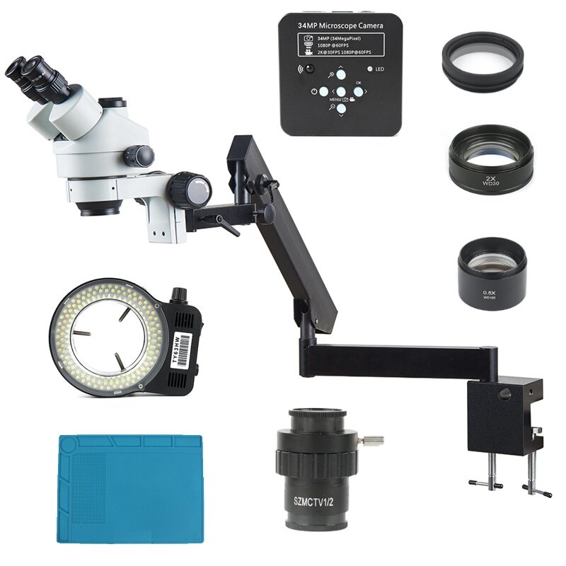 

3.5X - 90X шарнирная опора рычага Зажим Zoom Simul Focal Trinocular Stereo Microscope + 34MP Video камера For Industrial