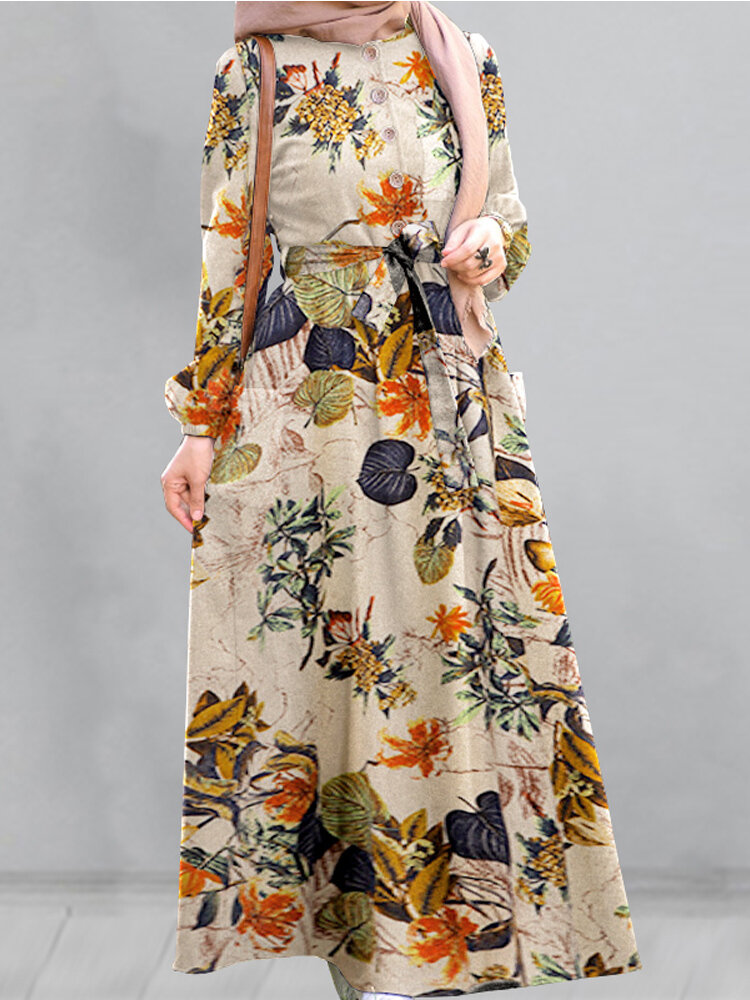 Women Cotton Floral Print Puff Sleeve Pleated Side Pockets Loose Robe Vintage Maxi Dress