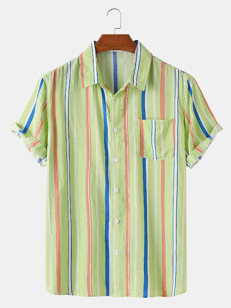 

Mens Vertical Stripes Button Up Short Casual Sleeve Shirts With Pocket